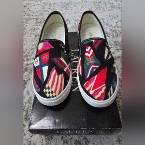 Ralph Lauren Jinny Slip-On Canvas Sneakers with Multicolor Nautical Pattern-NIB